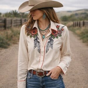 RARE Vintage Roper Western Embroidered Pearl Snap Shirt Cream Rose Feather As Is